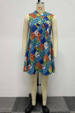 Blue Casual Daily Simplicity Mixed Printing Printing Contrast A Line Dresses