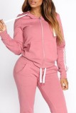 Pink Casual Solid Patchwork Hooded Collar Long Sleeve Two Pieces