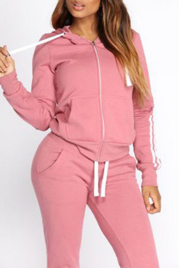 Pink Casual Solid Patchwork Hooded Collar Long Sleeve Two Pieces