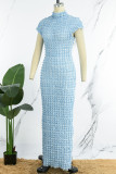 Blue Elegant Solid Patchwork Half A Turtleneck One Step Skirt Dresses