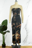Black Elegant Print Patchwork Backless Slit Strapless One Step Skirt Dresses