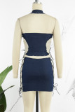 Blue Sexy Color Lump Pocket Cross Straps Contrast Halter Sleeveless Two Pieces
