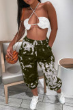 Olive Green Casual Print Tie Dye Basic Regular High Waist Conventional Full Print Trousers