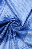 Blue Street Geometric Patchwork Slit O Neck One Step Skirt Dresses