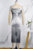 Grey Casual Print Backless Off the Shoulder One Step Skirt Dresses