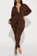 Coffee Casual Solid Patchwork Turndown Collar Long Sleeve Two Pieces