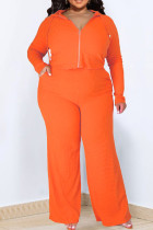 Orange Casual Solid Patchwork Hooded Collar Plus Size Three Piece Set