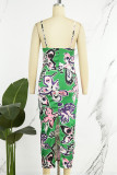 Green Sexy Street Butterfly Print Patchwork Slit Printing V Neck Wrapped Skirt Dresses