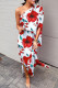 White Red Casual Print Patchwork Oblique Collar Irregular Dress Dresses