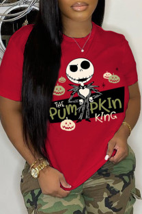 Red Casual Skull Head Print Basic O Neck T-Shirts
