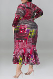 Ginger Casual Print Patchwork Turndown Collar Long Sleeve Plus Size Dresses