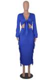 Blue Casual Solid Tassel Bandage V Neck Long Sleeve Two Pieces