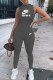 Grey Casual Print Letter O Neck Jumpsuits