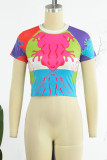 Colour Casual Print Patchwork O Neck T-Shirts