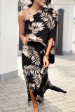 Black Casual Print Patchwork Oblique Collar Irregular Dress Dresses