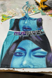 Blue Sexy Street Figure Patchwork Backless Vests Halter Sleeveless Two Pieces