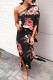 Black Red Casual Print Patchwork Oblique Collar Irregular Dress Dresses