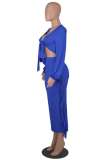 Blue Casual Solid Tassel Bandage V Neck Long Sleeve Two Pieces