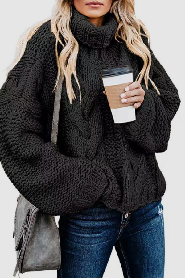 Black Casual Solid Patchwork Turtleneck Tops
