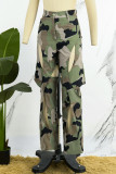 Red Casual Camouflage Print Hollowed Out Patchwork Straight Mid Waist Conventional Full Print Trousers
