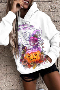 White Purple Casual Print Basic Hooded Collar Tops