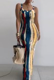 Blue Yellow Casual Print Backless Spaghetti Strap Long Dress Dresses