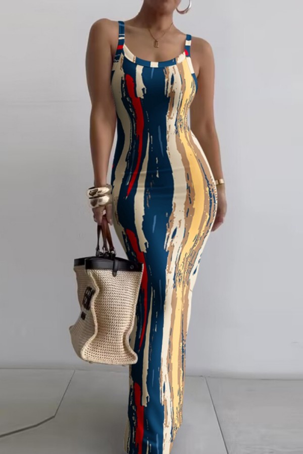 Blue Yellow Casual Print Backless Spaghetti Strap Long Dress Dresses