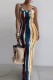 Blue Yellow Casual Print Backless Spaghetti Strap Long Dress Dresses