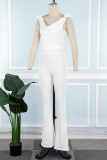 Cream White Casual Solid Patchwork U Neck Regular Jumpsuits