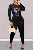 Black Casual Print Slit O Neck Long Sleeve Two Pieces