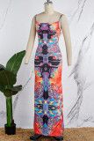 Colour Sexy Casual Print Backless Spaghetti Strap Long Dress Dresses