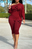 Red Casual Print Basic Oblique Collar Long Sleeve Two Pieces