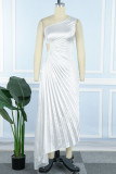 White Casual Solid Hollowed Out Backless Pleated Oblique Collar Long Dress Dresses
