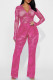 Rose Red Casual Print Patchwork Turndown Collar Long Sleeve Two Pieces