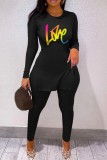 Black Casual Print Slit O Neck Short Sleeve Two Pieces