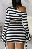 Zebra Sexy Street Print Patchwork Patch One Shoulder Long Sleeve Two Pieces
