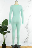 Light Green Casual Solid Basic O Neck Skinny Jumpsuits