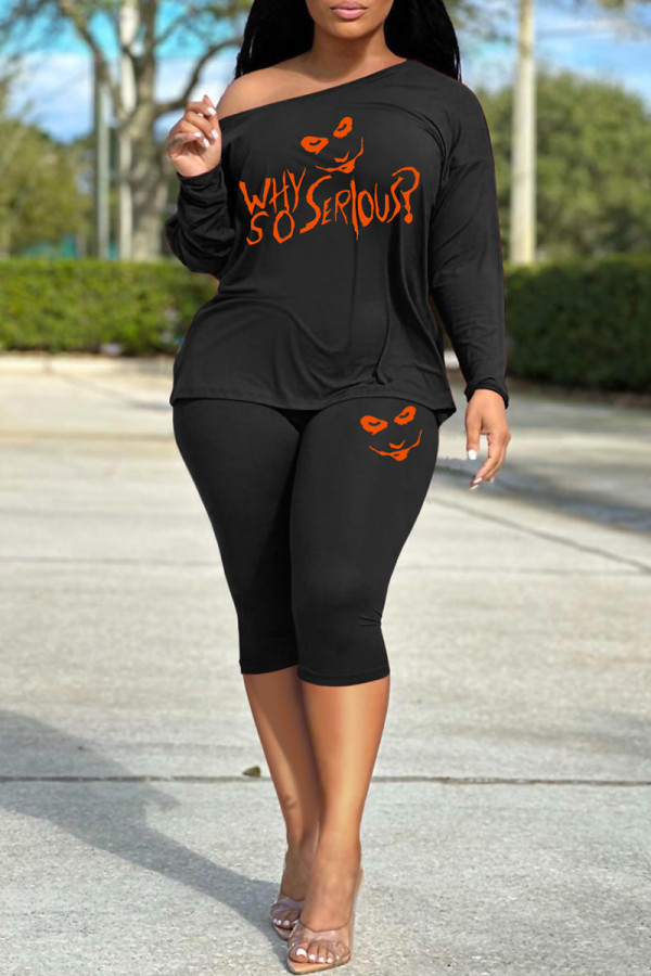 Black Casual Print Basic Oblique Collar Long Sleeve Two Pieces