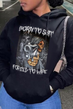 Black Street Vintage Print Draw String Hooded Collar Tops