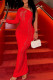 Red Sexy Solid Hollowed Out Patchwork Burn-out Oblique Collar One Step Skirt Dresses