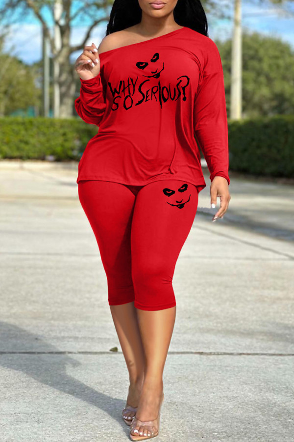 Red Casual Print Basic Oblique Collar Long Sleeve Two Pieces