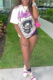 White Casual Print Basic O Neck T-Shirts