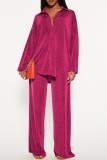Rose Red Casual Solid Turndown Collar Long Sleeve Two Pieces