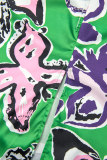 Green Sexy Street Butterfly Print Patchwork Slit Printing V Neck Wrapped Skirt Dresses