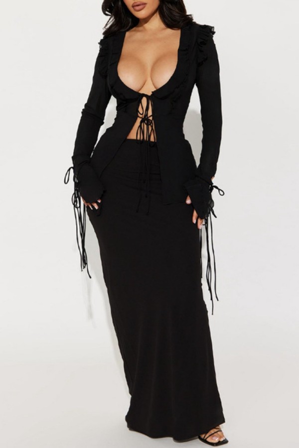 Black Casual Solid Frenulum V Neck Long Sleeve Two Pieces