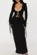 Black Casual Solid Frenulum V Neck Long Sleeve Two Pieces
