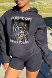 Black Street Vintage Print Draw String Hooded Collar Tops