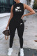 Black Casual Print Letter O Neck Jumpsuits