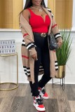 Khaki Casual Striped Cardigan Cardigan Collar Outerwear