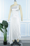 White Casual Solid Hollowed Out Backless Pleated Oblique Collar Long Dress Dresses